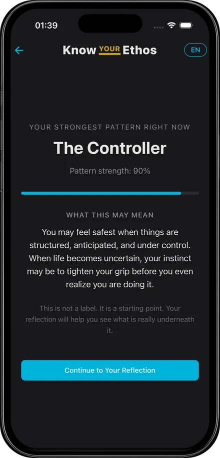 The Blind Spot Test result screen in the Know Your Ethos app, naming a pattern called The Controller.
